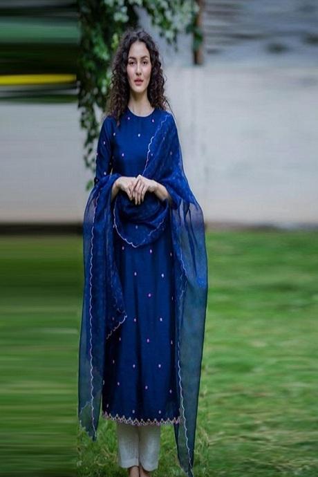 Sky Blue Crape Silk Designer Hand Work Salwar Suit for Women